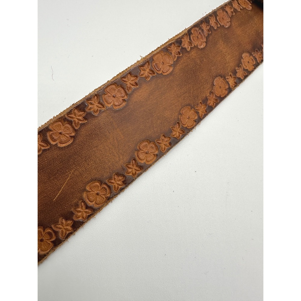 Vintage Tooled Leather Belt Antler Buckle Turquoise Inlay Western Brown Floral - Picture 4 of 8